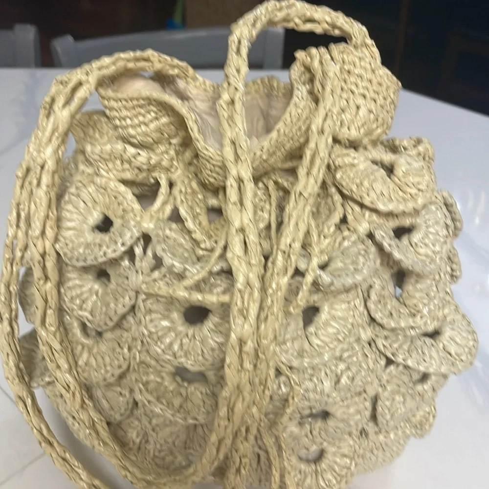 Paper Straw Nylon Beaded Boho Bag Button Loop Closure 11 1/2” wide 11